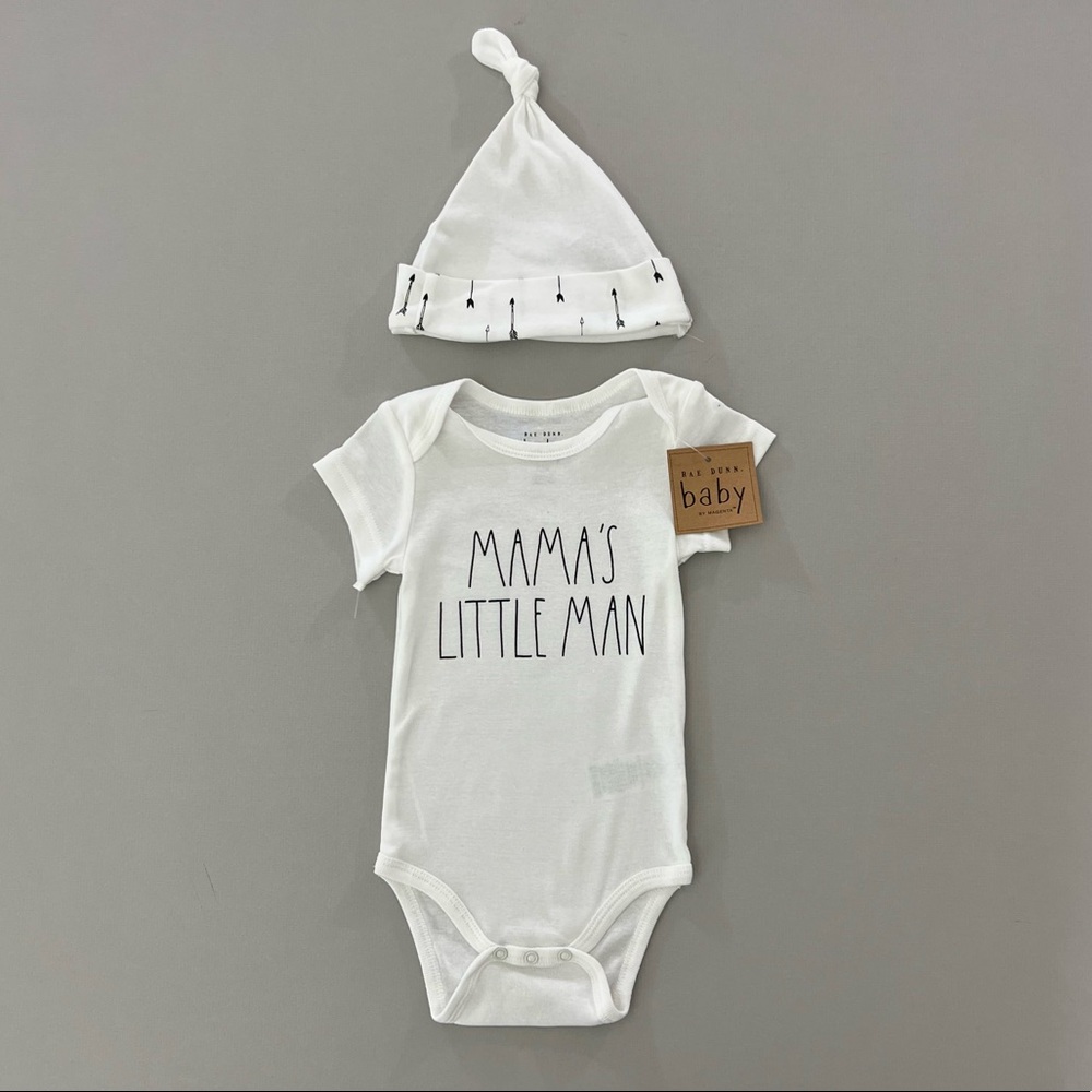 NEW Rae Dunn 6/9 Months•Mama’s Little Man• Bodysuit & Hat Set